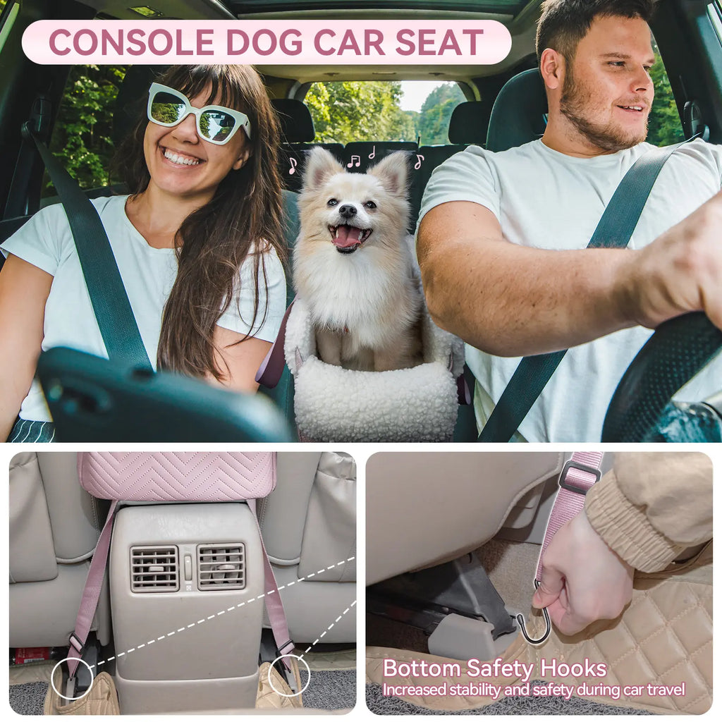 [5-Year Warranty] PETSFIT Cat Car Seat, Portable Console Dog Car Seat with Safe Protective Hooks, Luxury Pet Car Seat Includes Safety Leash and Storage Pocket for Pets up to 9 Lbs (Pink)
