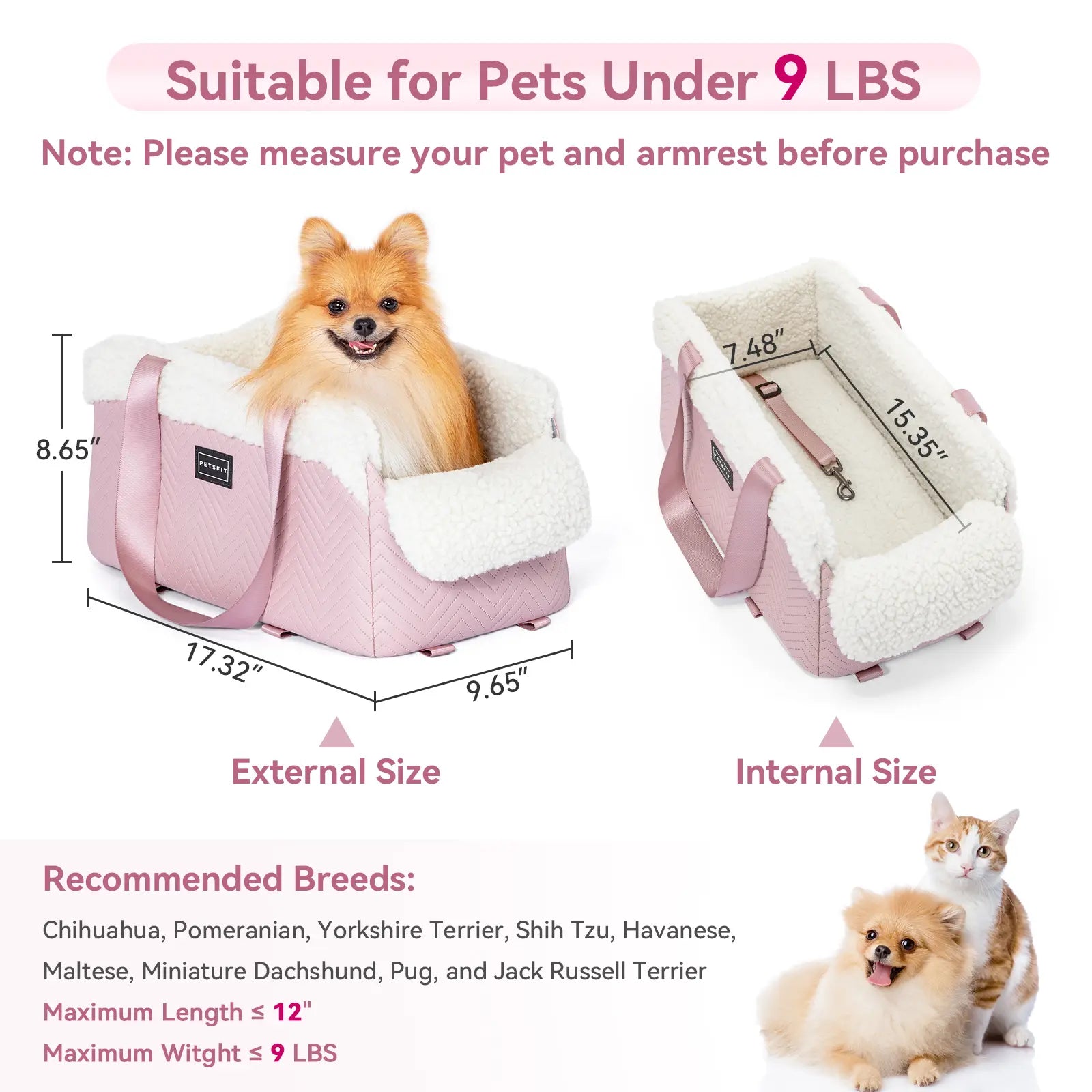 [5-Year Warranty] PETSFIT Cat Car Seat, Portable Console Dog Car Seat with Safe Protective Hooks, Luxury Pet Car Seat Includes Safety Leash and Storage Pocket for Pets up to 9 Lbs (Pink)