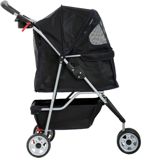 3-Wheel Pet Stroller, Lightweight Foldable Dog Stroller for Small Medium Dogs & Cats, Breathable Mesh & Weather Cover with Storage Basket, for Daily Walk Outdoor Travel (Black)