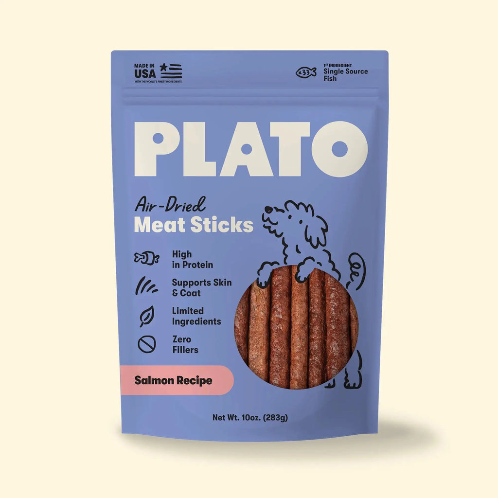 Plato Pet Treats Thinkers Salmon - Meat Stick Treats for Dogs - Limited Ingredient Dog Treats with EPA and DHA to Support Skin, Coat, and Brain - Air-Dried Dog Treats