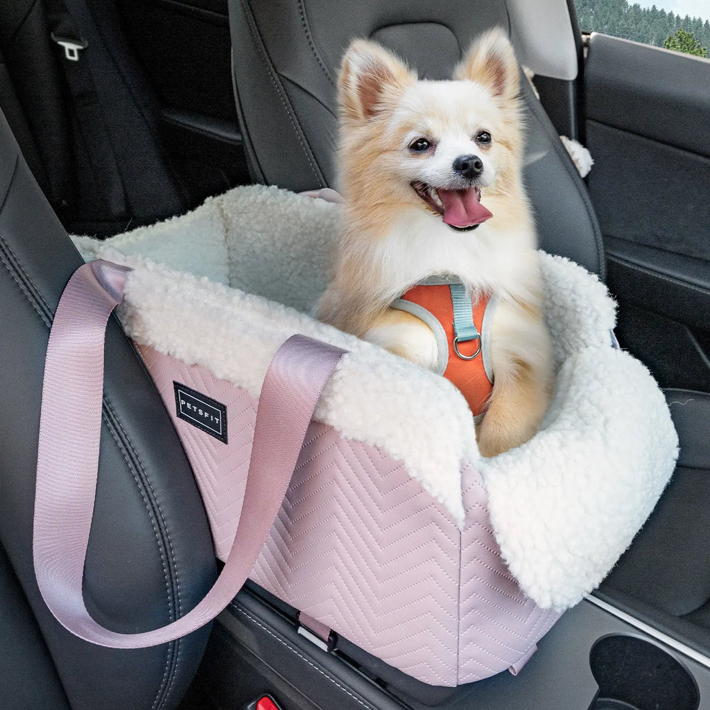 [5-Year Warranty] PETSFIT Cat Car Seat, Portable Console Dog Car Seat with Safe Protective Hooks, Luxury Pet Car Seat Includes Safety Leash and Storage Pocket for Pets up to 9 Lbs (Pink)