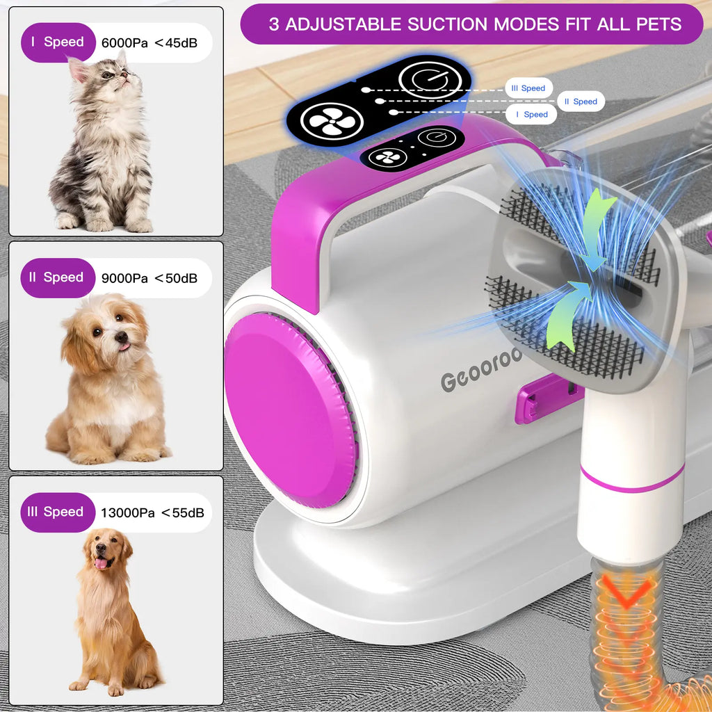 Geoorood Dog Grooming Vacuum Kit with 13000Pa Suction Power & 2.2L Dust Collection for Furry Animal Cleaning