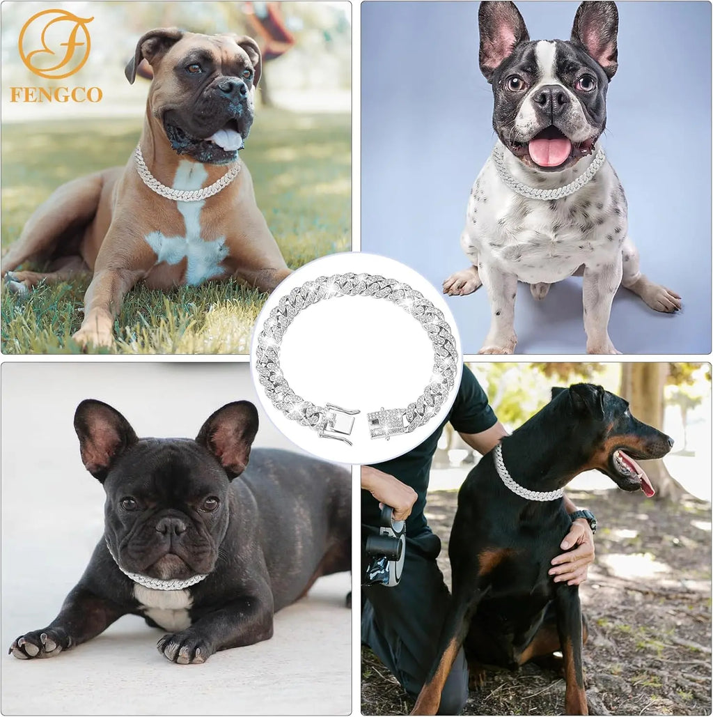 Silver Dog Chain Collar Diamond Cuban Link Dog Collar 13Mm Wide Dog Necklace Metal Cat Chain Pet Crystal Collar Jewelry Accessories for Small Medium Large Dogs Cats(16Inch)
