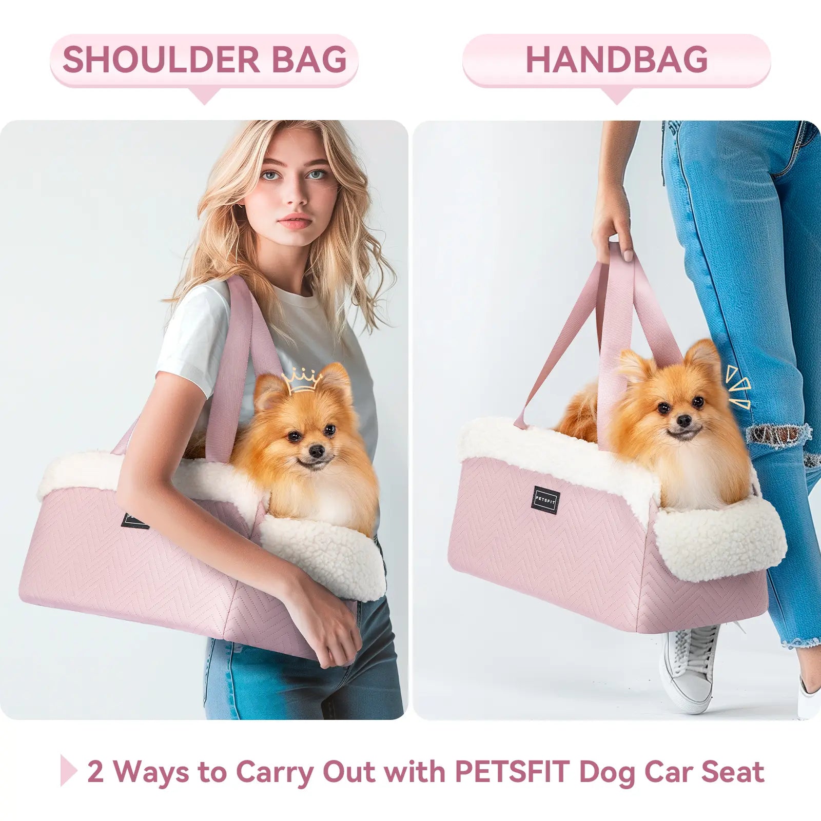 [5-Year Warranty] PETSFIT Cat Car Seat, Portable Console Dog Car Seat with Safe Protective Hooks, Luxury Pet Car Seat Includes Safety Leash and Storage Pocket for Pets up to 9 Lbs (Pink)