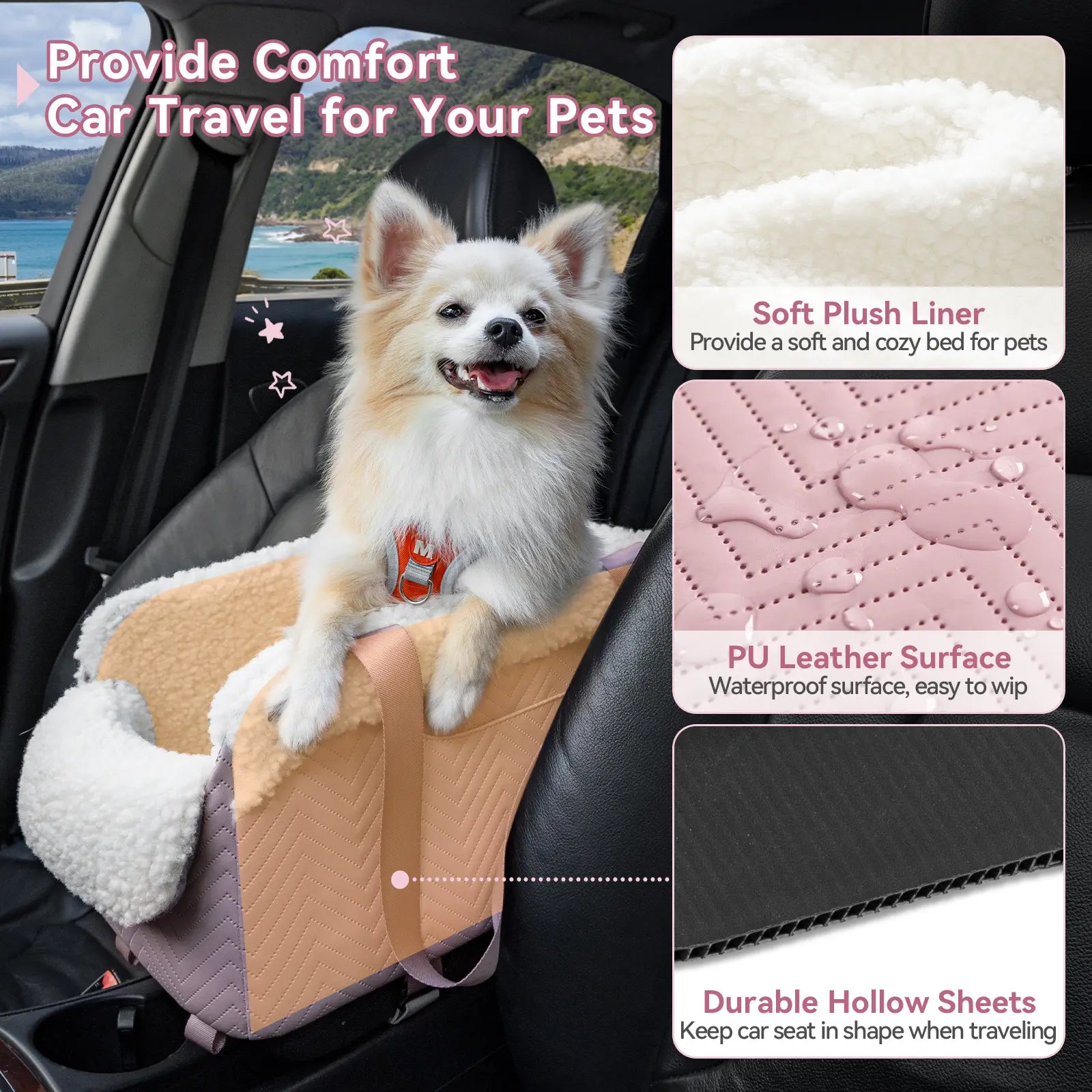 [5-Year Warranty] PETSFIT Cat Car Seat, Portable Console Dog Car Seat with Safe Protective Hooks, Luxury Pet Car Seat Includes Safety Leash and Storage Pocket for Pets up to 9 Lbs (Pink)