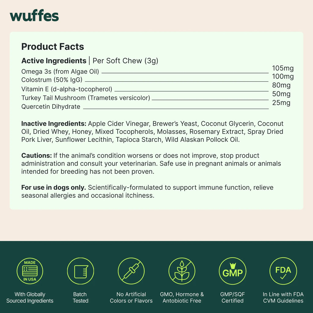 Wuffes Allergy & Itch Chews for Dogs - Skin & Immune Support Supplement for Seasonal Allergies & Itch Relief - All Breeds & Ages - MADE in USA -