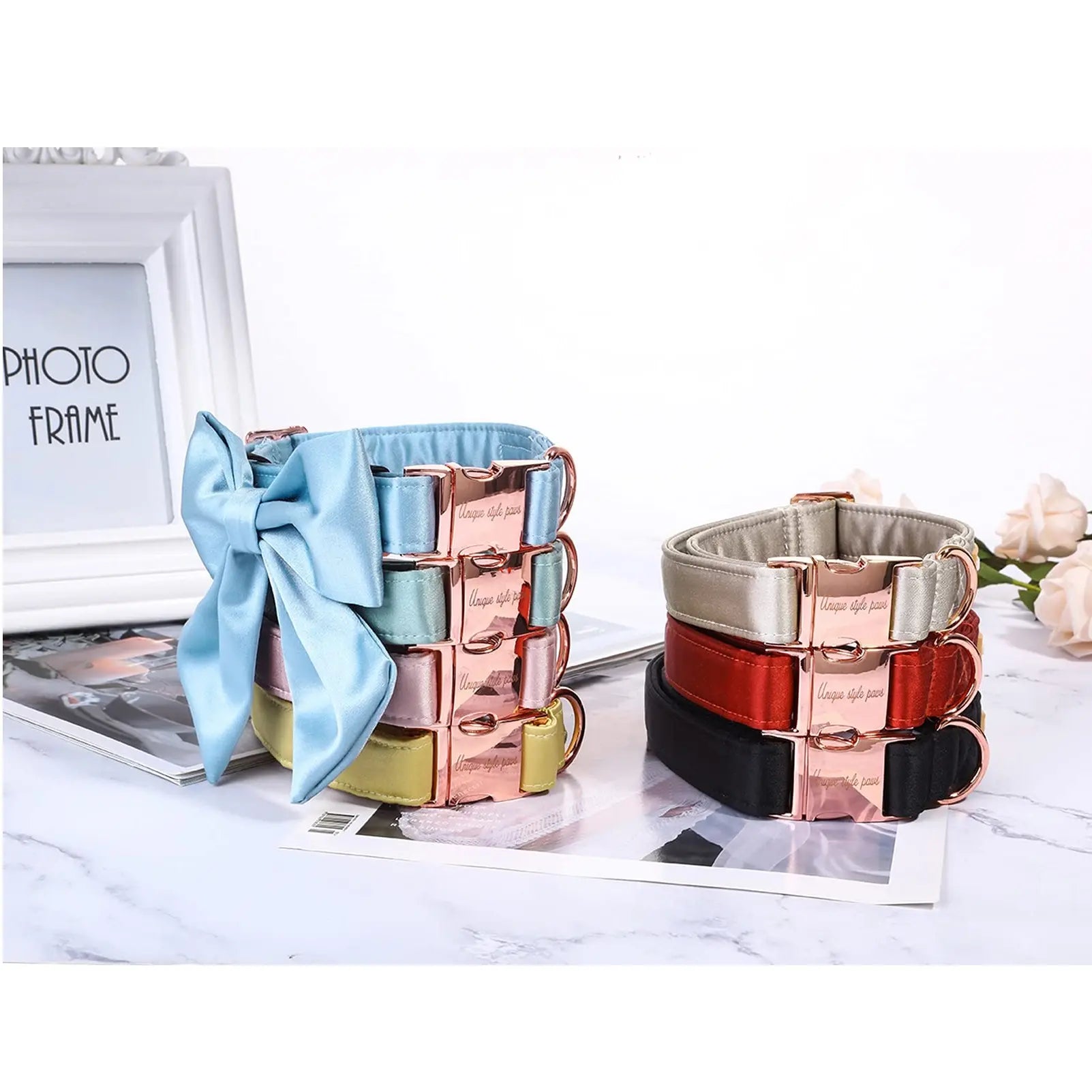 Unique Style Paws Silk Pink Dog Collar with Bow – Adjustable Durable Wedding Bowtie Collar for Small to Large Dogs