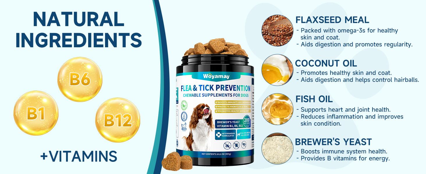 Woyamay Flea & Tick Prevention for Dogs, 200 Ct Chewables Support Skin&Coat Health with Fish Oil, Omega-3, Multivitamin, Natural Dog Flea and Tick Chews for All Breeds & Sizes, Chicken Flavor #Summervibes #Petlovers