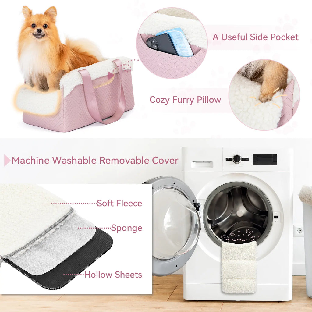[5-Year Warranty] PETSFIT Cat Car Seat, Portable Console Dog Car Seat with Safe Protective Hooks, Luxury Pet Car Seat Includes Safety Leash and Storage Pocket for Pets up to 9 Lbs (Pink)