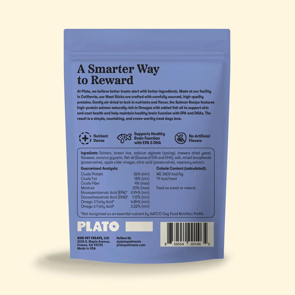 Plato Pet Treats Thinkers Salmon - Meat Stick Treats for Dogs - Limited Ingredient Dog Treats with EPA and DHA to Support Skin, Coat, and Brain - Air-Dried Dog Treats