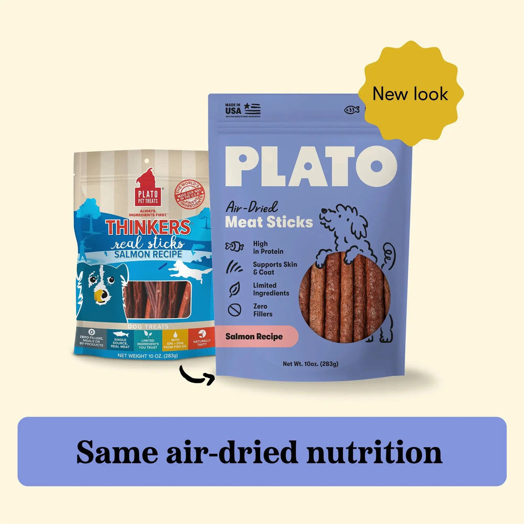 Plato Pet Treats Thinkers Salmon - Meat Stick Treats for Dogs - Limited Ingredient Dog Treats with EPA and DHA to Support Skin, Coat, and Brain - Air-Dried Dog Treats