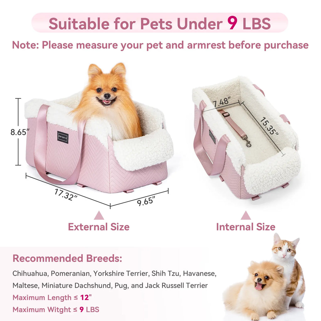 [5-Year Warranty] PETSFIT Cat Car Seat, Portable Console Dog Car Seat with Safe Protective Hooks, Luxury Pet Car Seat Includes Safety Leash and Storage Pocket for Pets up to 9 Lbs (Pink)