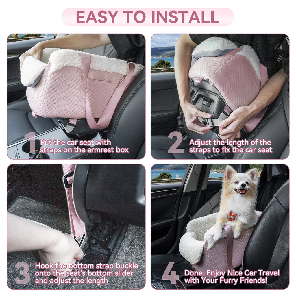 [5-Year Warranty] PETSFIT Cat Car Seat, Portable Console Dog Car Seat with Safe Protective Hooks, Luxury Pet Car Seat Includes Safety Leash and Storage Pocket for Pets up to 9 Lbs (Pink)