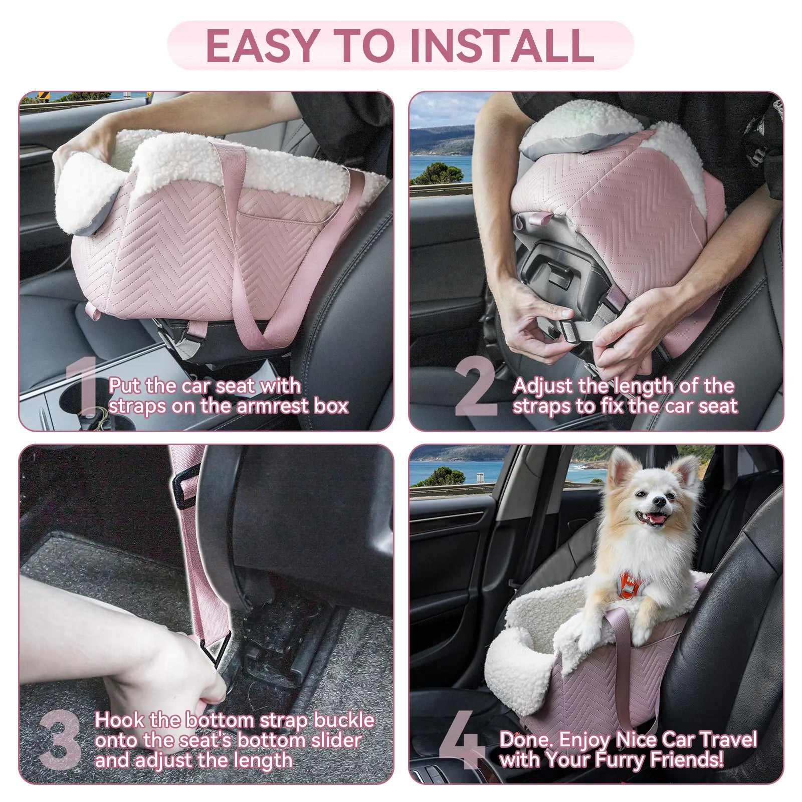 [5-Year Warranty] PETSFIT Cat Car Seat, Portable Console Dog Car Seat with Safe Protective Hooks, Luxury Pet Car Seat Includes Safety Leash and Storage Pocket for Pets up to 9 Lbs (Pink)