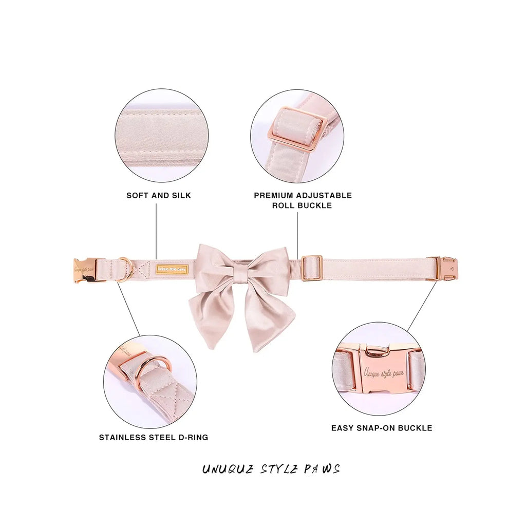 Unique Style Paws Silk Pink Dog Collar with Bow – Adjustable Durable Wedding Bowtie Collar for Small to Large Dogs