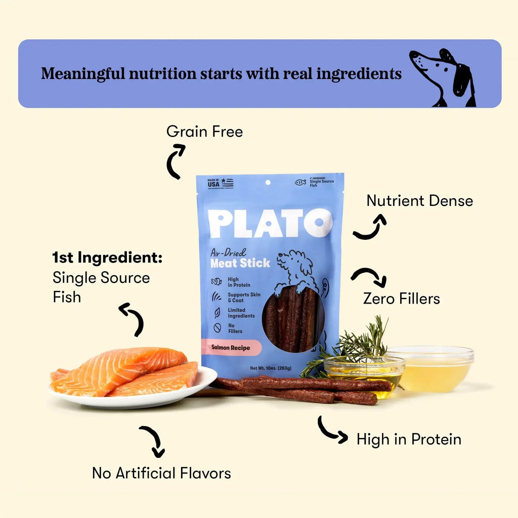 Plato Pet Treats Thinkers Salmon - Meat Stick Treats for Dogs - Limited Ingredient Dog Treats with EPA and DHA to Support Skin, Coat, and Brain - Air-Dried Dog Treats