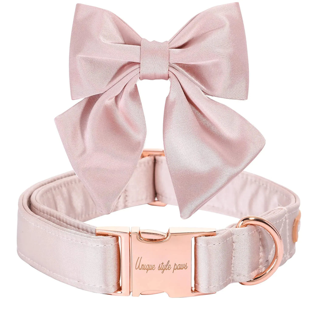 Unique Style Paws Silk Pink Dog Collar with Bow – Adjustable Durable Wedding Bowtie Collar for Small to Large Dogs